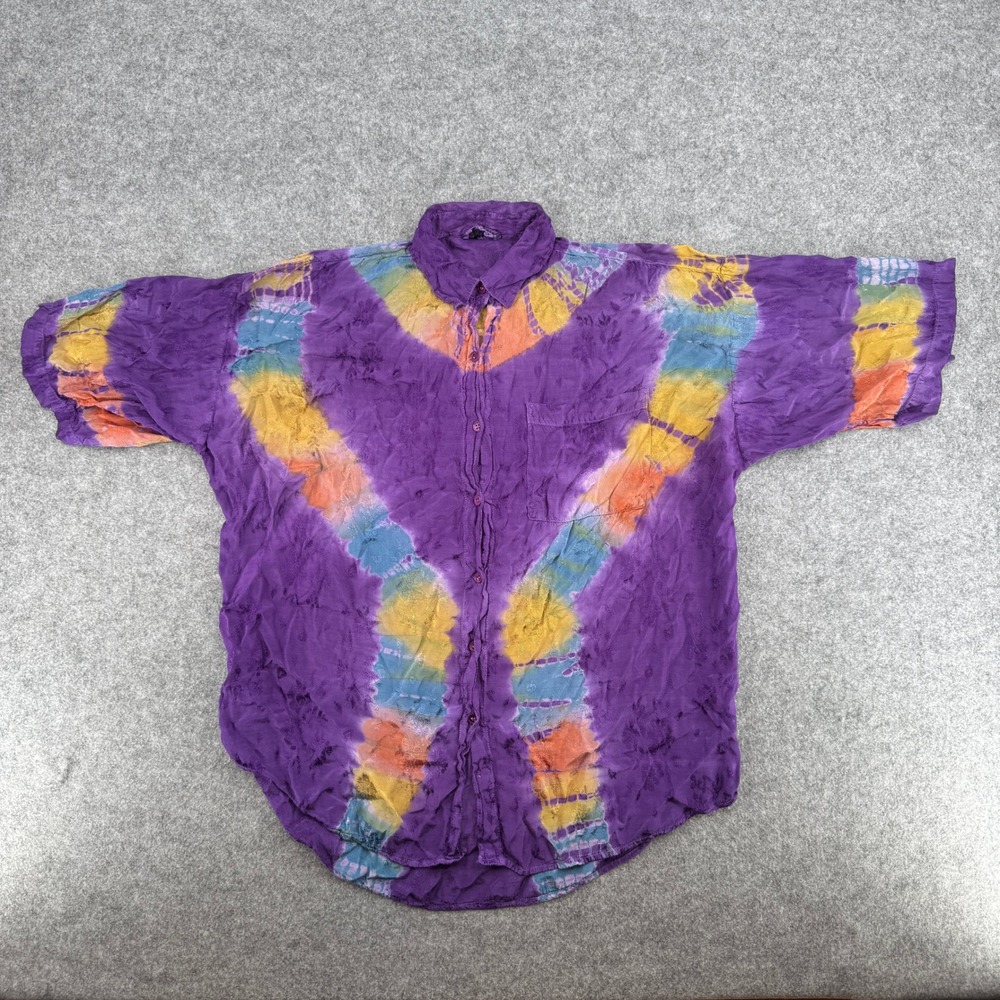 Vintage Purple Tie Dye Short Sleeve Sonia Button Down Shirt Womens Medium